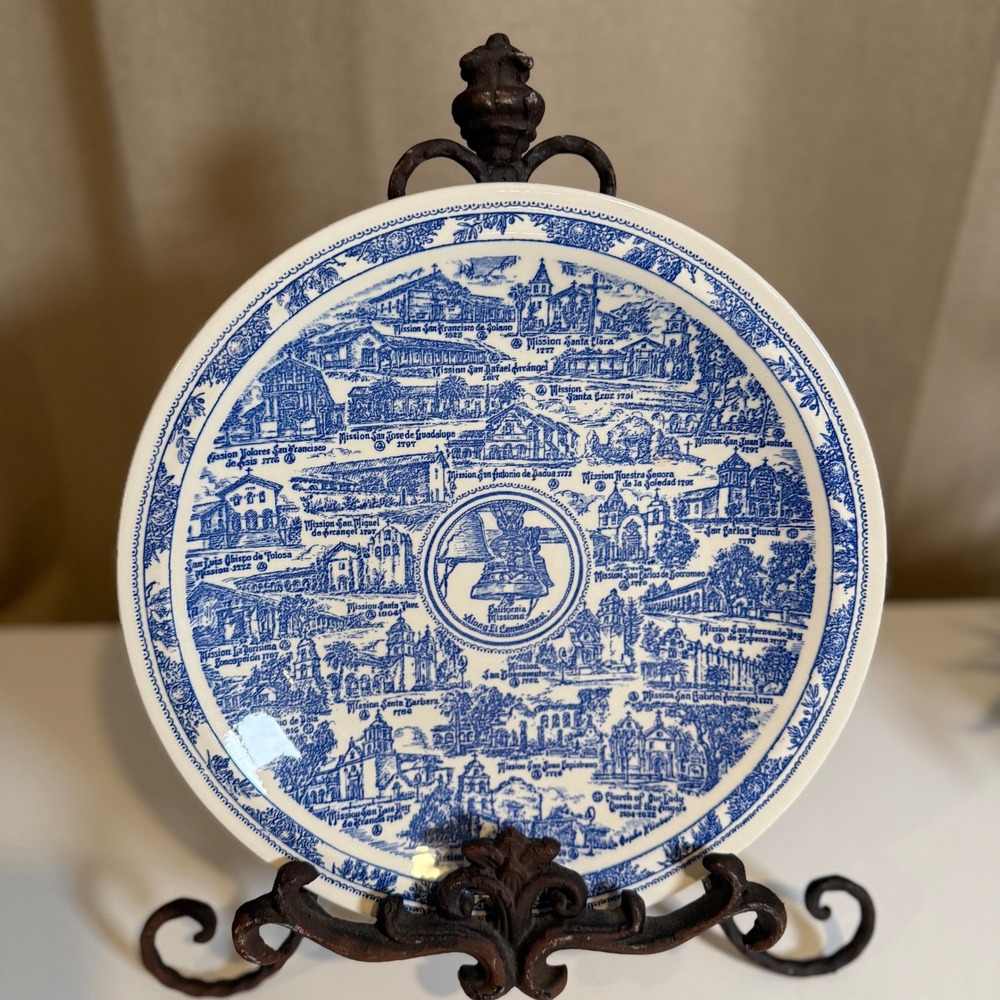 Vintage Vernon Kilns California Missions El Camino Real Blue Transferware Plate